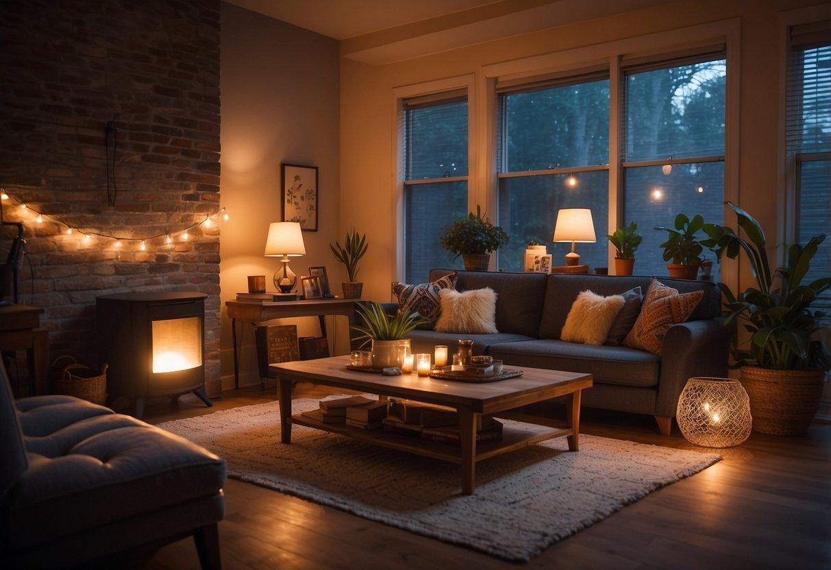 A cozy living room with 80s decor. Smart light bulbs illuminate the space, casting a warm glow over vintage furniture and bold patterns