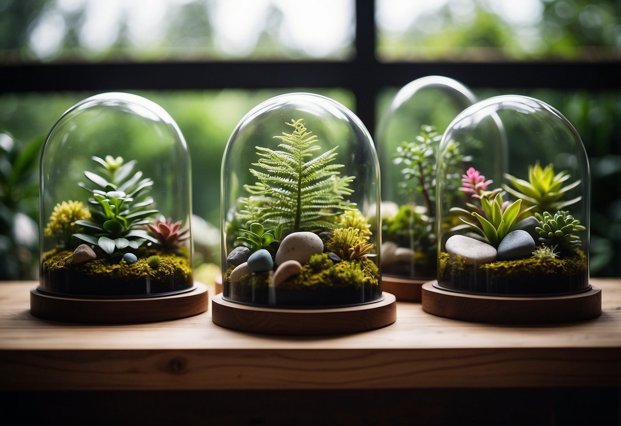 Several glass cloche terrariums sit on a wooden shelf, filled with lush green plants and colorful stones. The 80s-inspired home decor exudes a sense of nostalgia and natural beauty