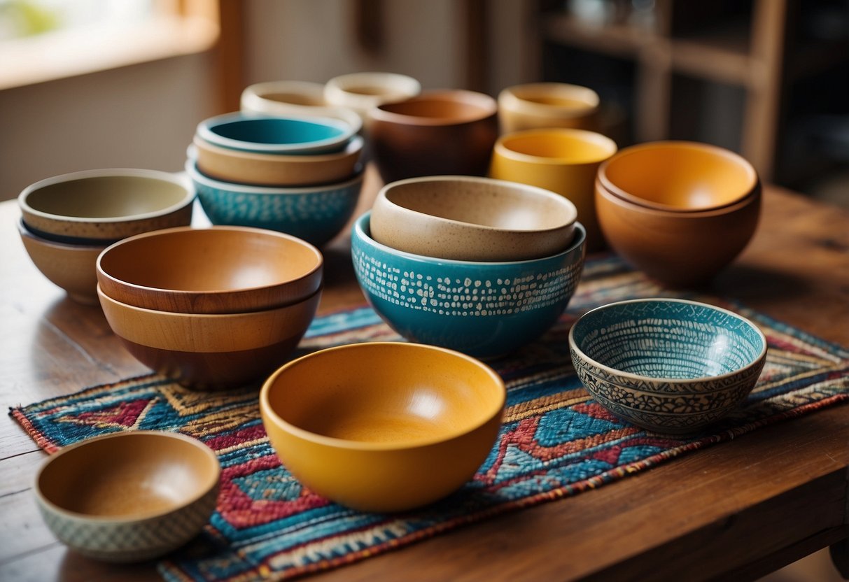 A display of handcrafted wooden bowls on a rustic table, surrounded by vintage 80s home decor items like geometric patterned rugs and colorful ceramic vases