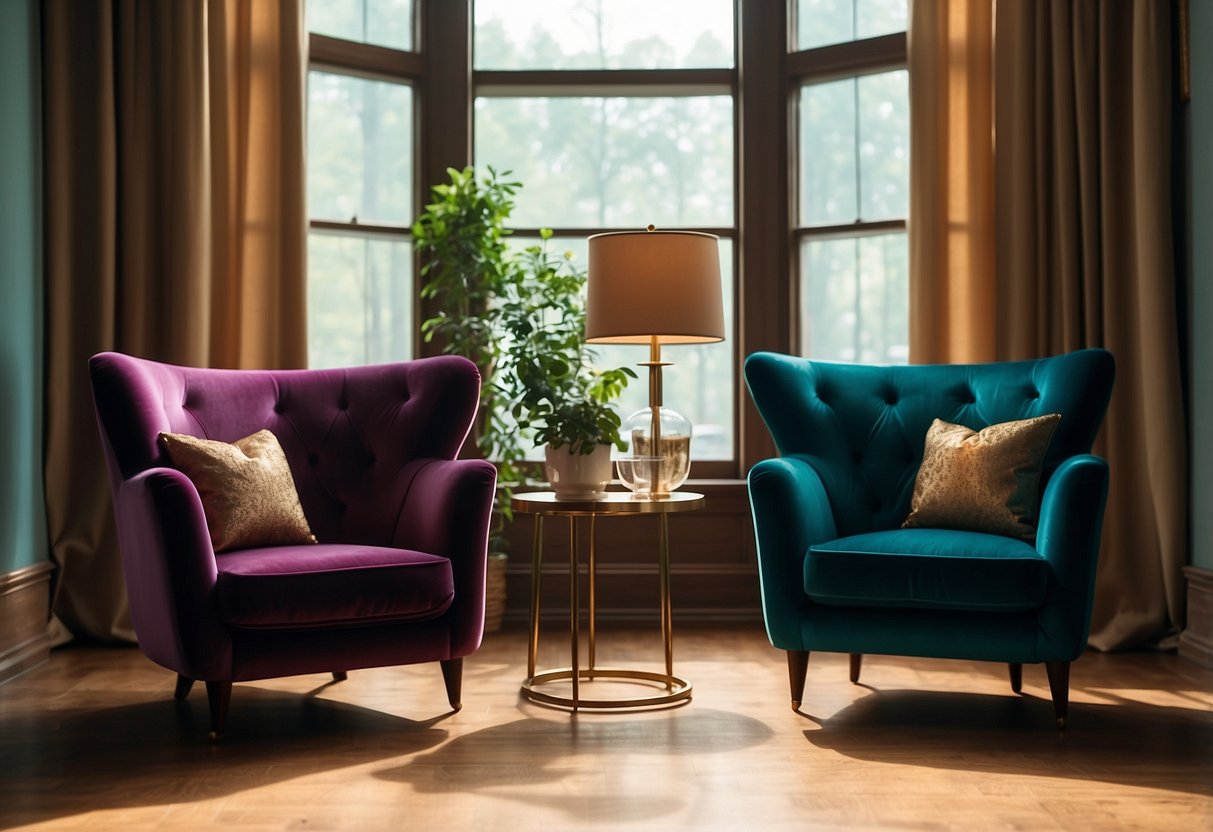 Two velvet armchairs sit in a sunlit room, surrounded by vintage 80s home decor. Rich, jewel-toned upholstery adds a touch of luxury to the space