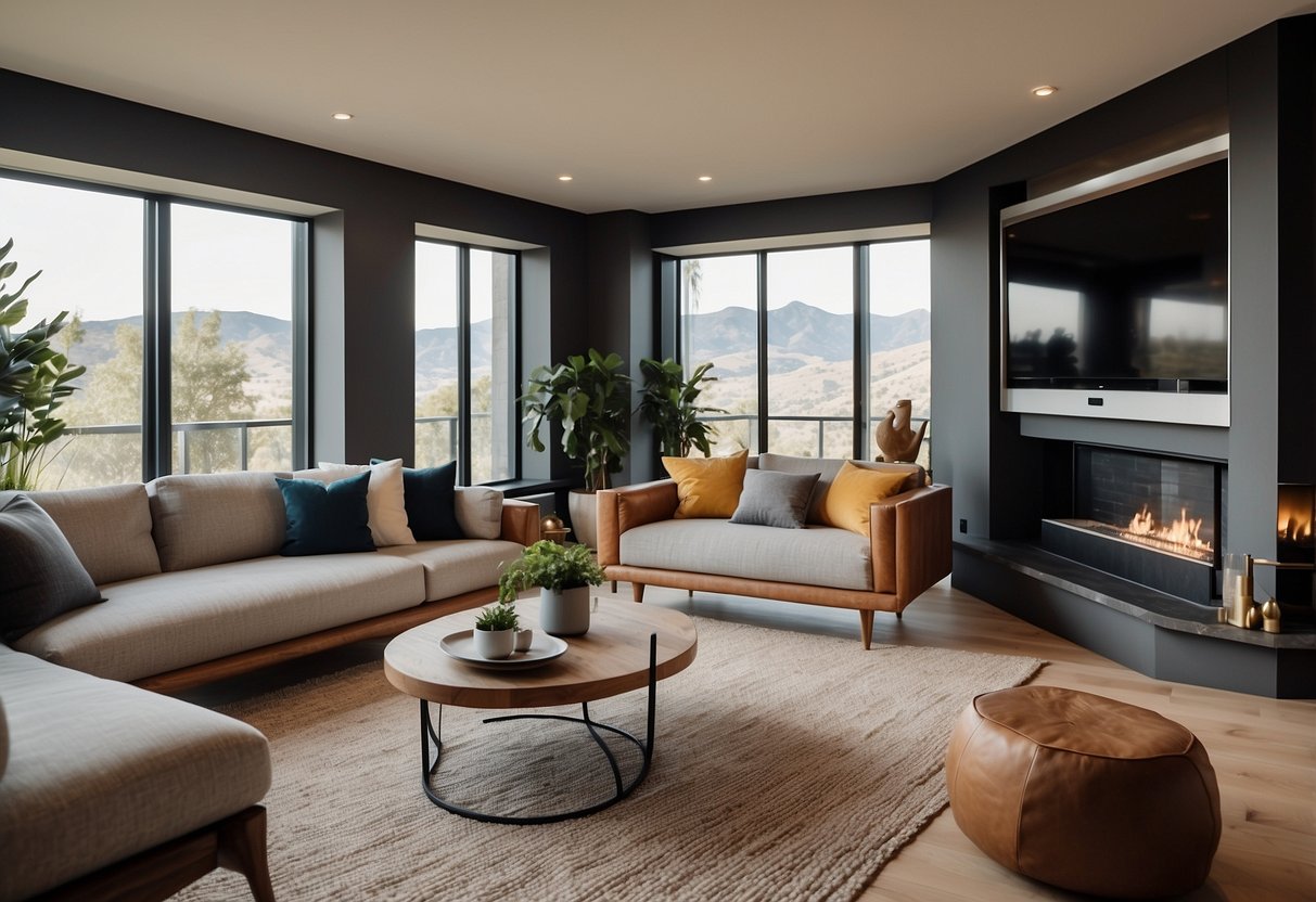 An Airbnb room with modern decor, including smart home devices like voice-activated lighting and a smart thermostat. The room features stylish furniture and minimalist artwork, creating a cozy and tech-savvy atmosphere