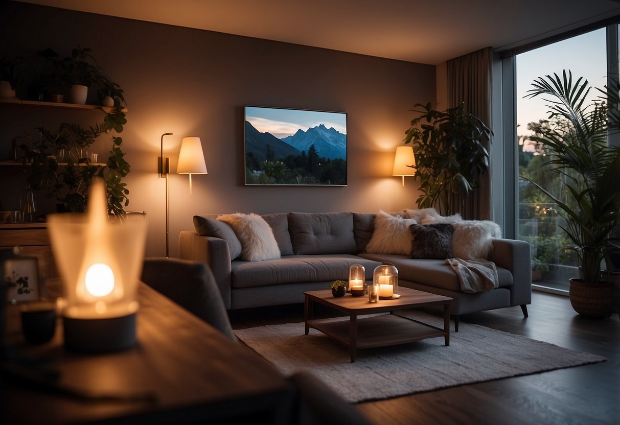 A cozy Airbnb room with Philips Hue smart light bulbs casting a warm glow, creating a welcoming and modern ambiance for guests