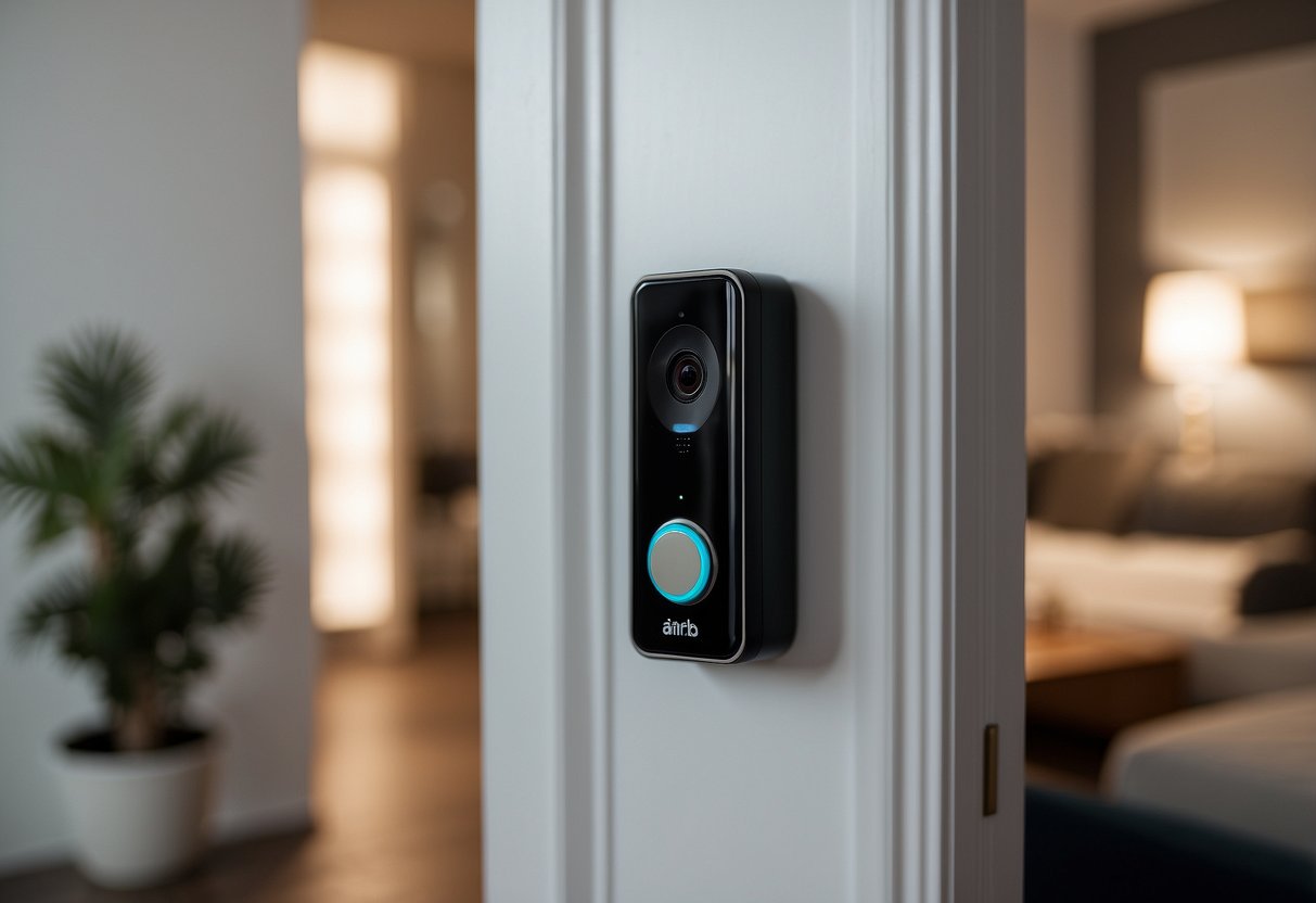 A cozy Airbnb room with a Ring Video Doorbell mounted on the wall next to the entrance, surrounded by modern smart home decor