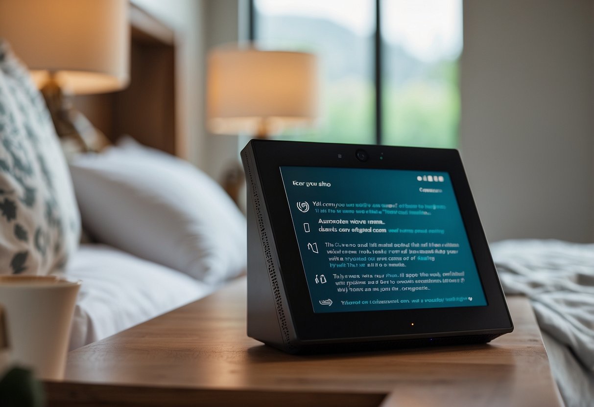 An Amazon Echo Show sits on a modern bedside table, controlling smart home decor in an Airbnb room