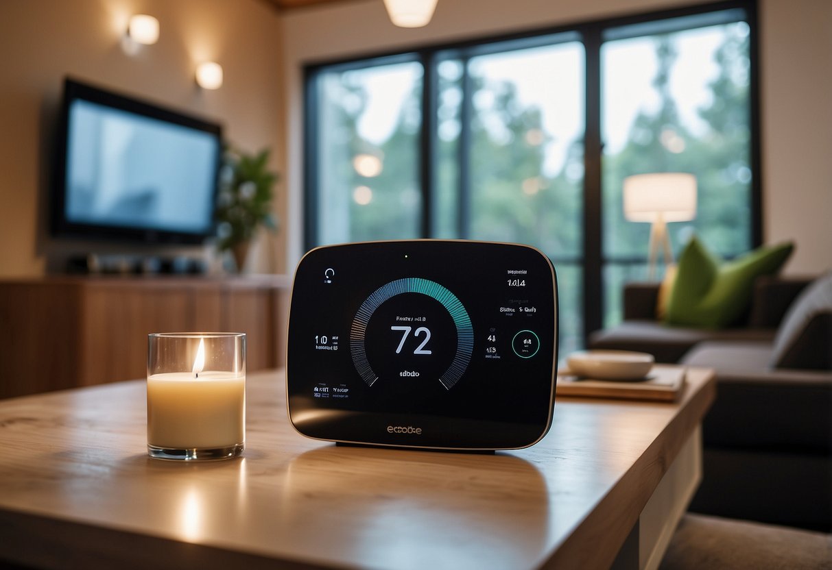 A cozy Airbnb room with Ecobee Smart Thermostat on the wall, surrounded by modern decor and ambient lighting