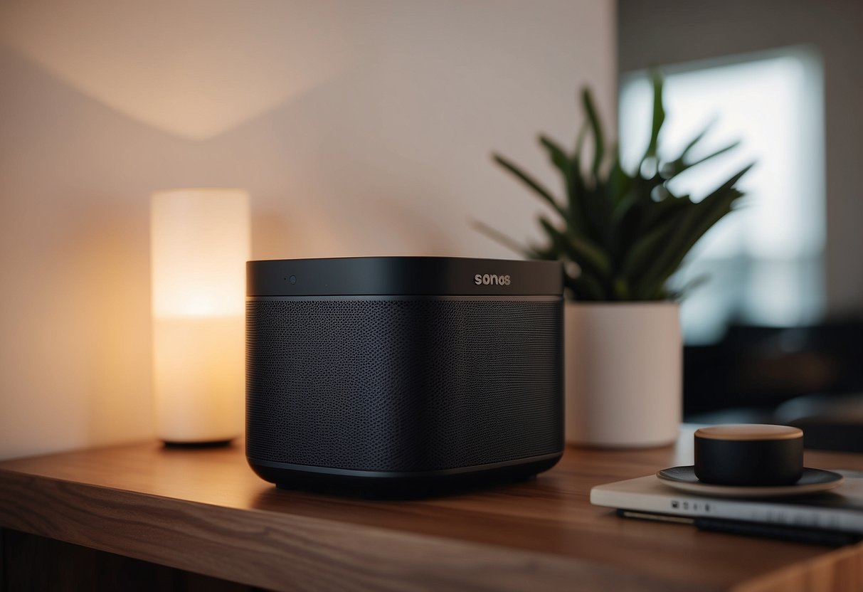 A Sonos One Smart Speaker sits on a sleek modern nightstand, surrounded by minimalist decor in an Airbnb bedroom