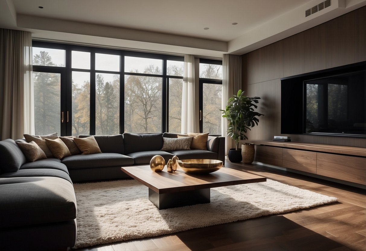 A cozy living room with dark hardwood floors, featuring a large plush area rug, a sleek modern sofa, and a statement coffee table with metallic accents. The room is illuminated by warm recessed lighting and large windows with flowing curtains