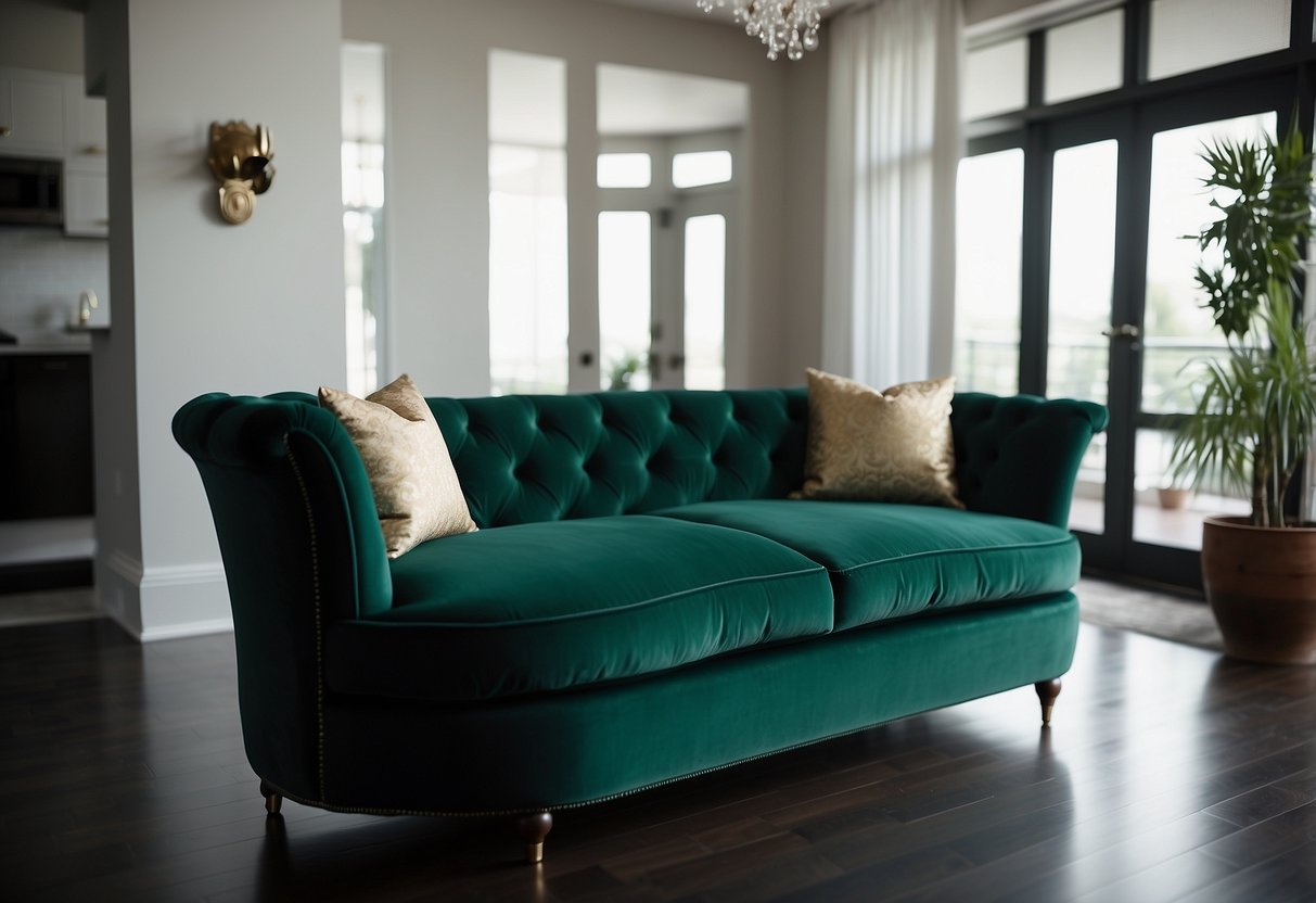 A luxurious emerald green velvet sofa sits in a living room with dark flooring, surrounded by elegant home decor ideas