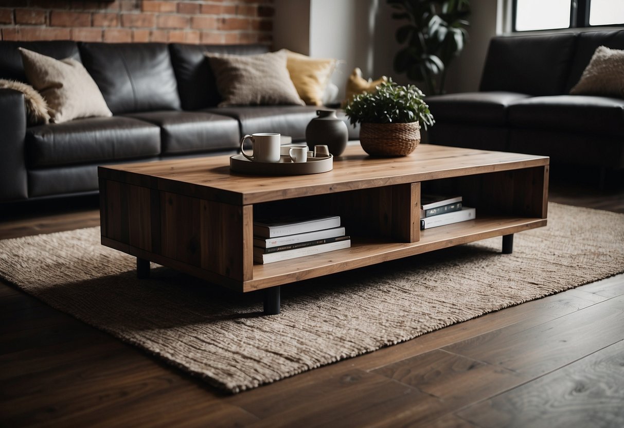 A rustic coffee table with storage sits in a living room with dark flooring