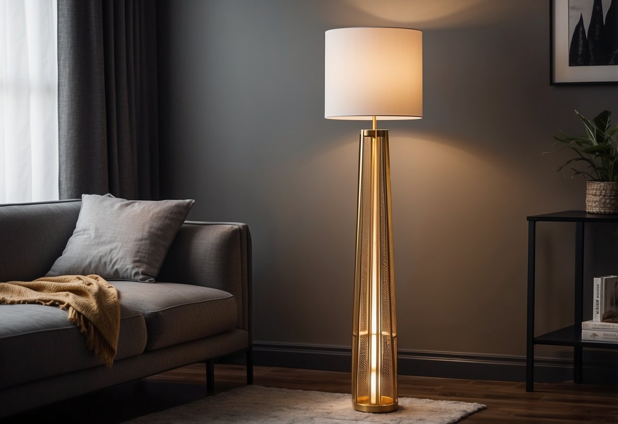 A golden geometric floor lamp stands in a living room with dark flooring, casting warm light and adding a touch of modern elegance to the space