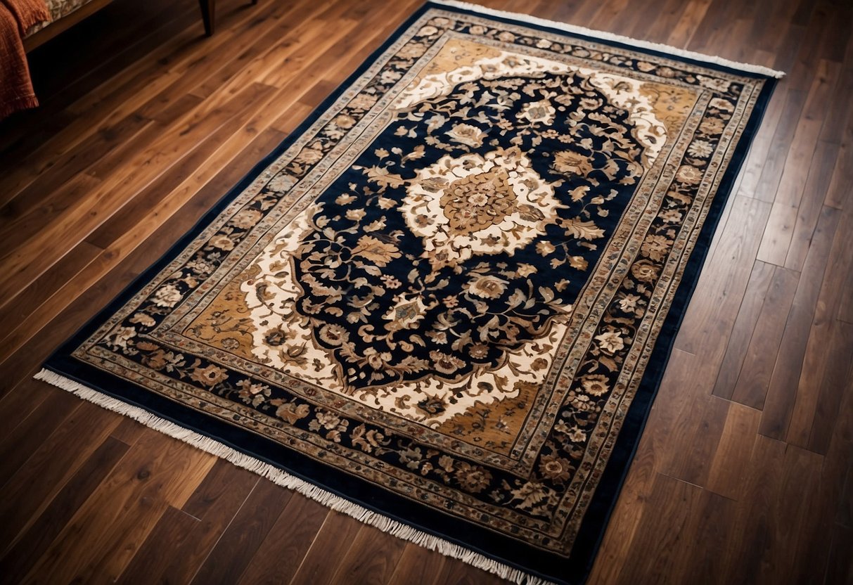 A vintage Persian area rug is placed in a living room with dark flooring, adding a touch of elegance and warmth to the space