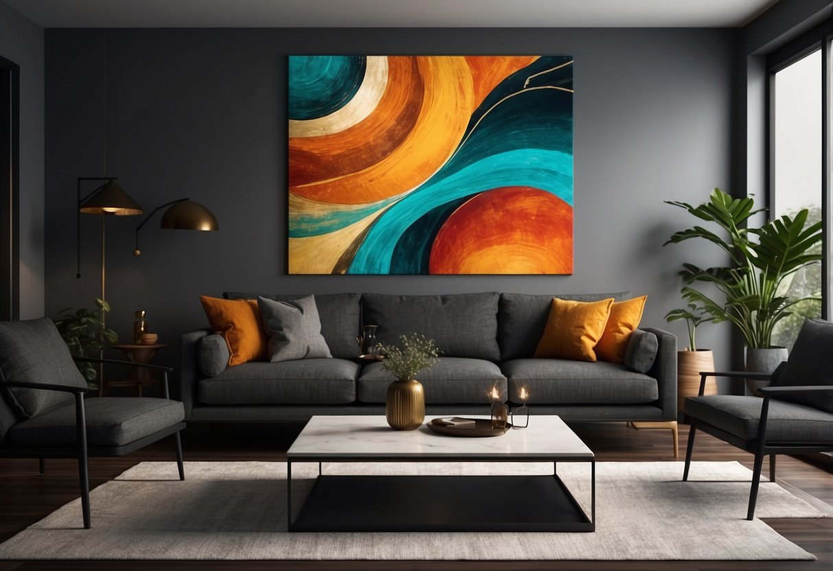 A vibrant abstract art canvas hangs on a wall in a living room with dark flooring, adding color and depth to the space