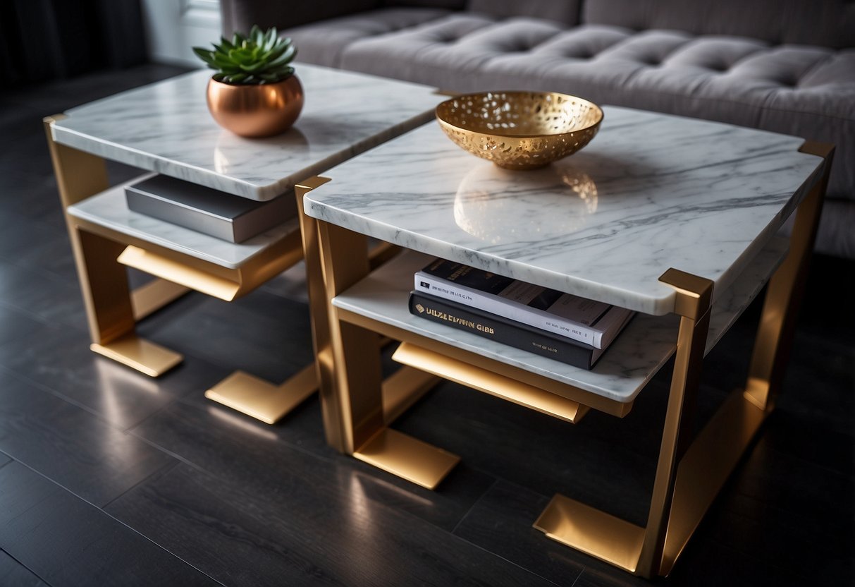 Two marble top end tables in a modern living room with dark flooring