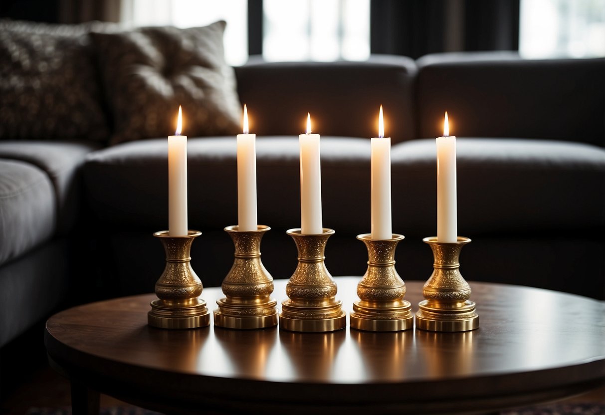 Several brass candle holders arranged on a dark wood coffee table in a cozy living room with dim lighting