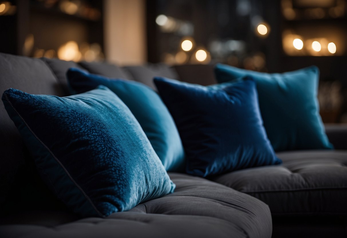 Deep blue plush throw pillows on a dark floor living room