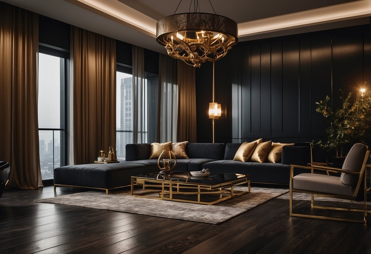 Dark floor living room with blackout curtains featuring gold accents