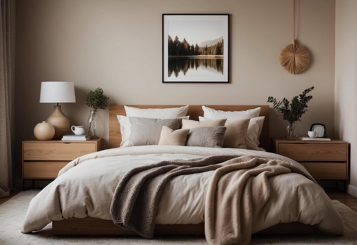 A cozy bedroom with a neutral color palette, a plush area rug, a stylish bedside table, and a gallery wall of framed artwork