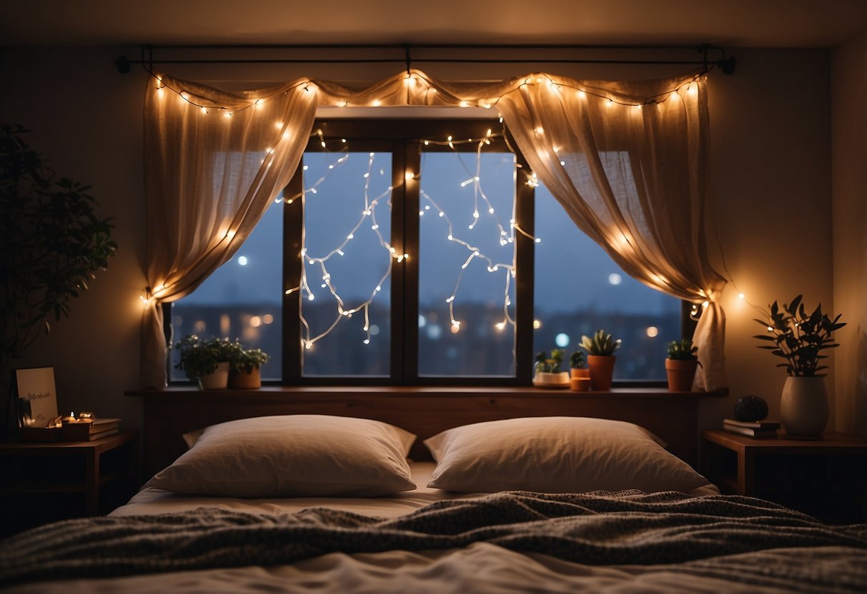 A cozy apartment bedroom with fairy string lights draped around the headboard and window, creating a warm and magical atmosphere