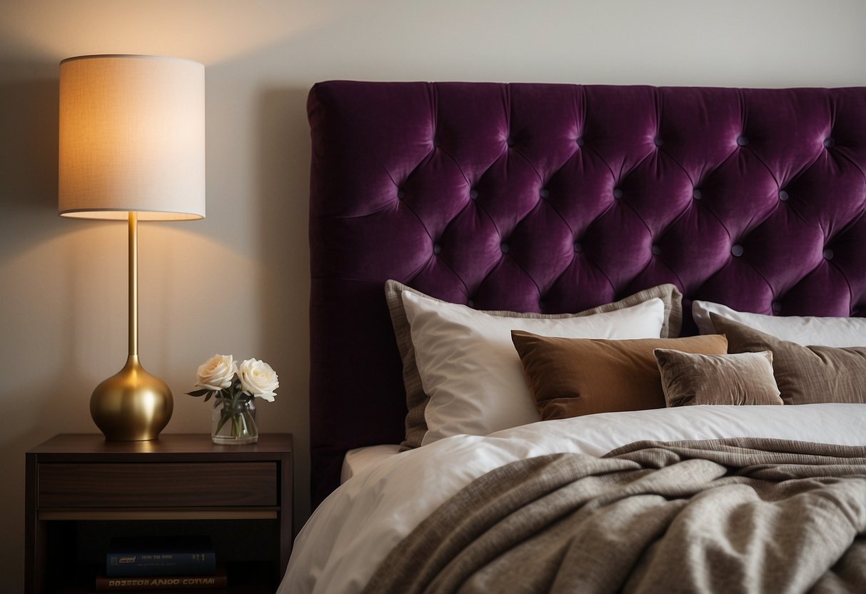 A plush velvet headboard against a neutral-colored wall, adorned with decorative pillows and a cozy throw blanket. A bedside table with a stylish lamp completes the elegant apartment bedroom decor