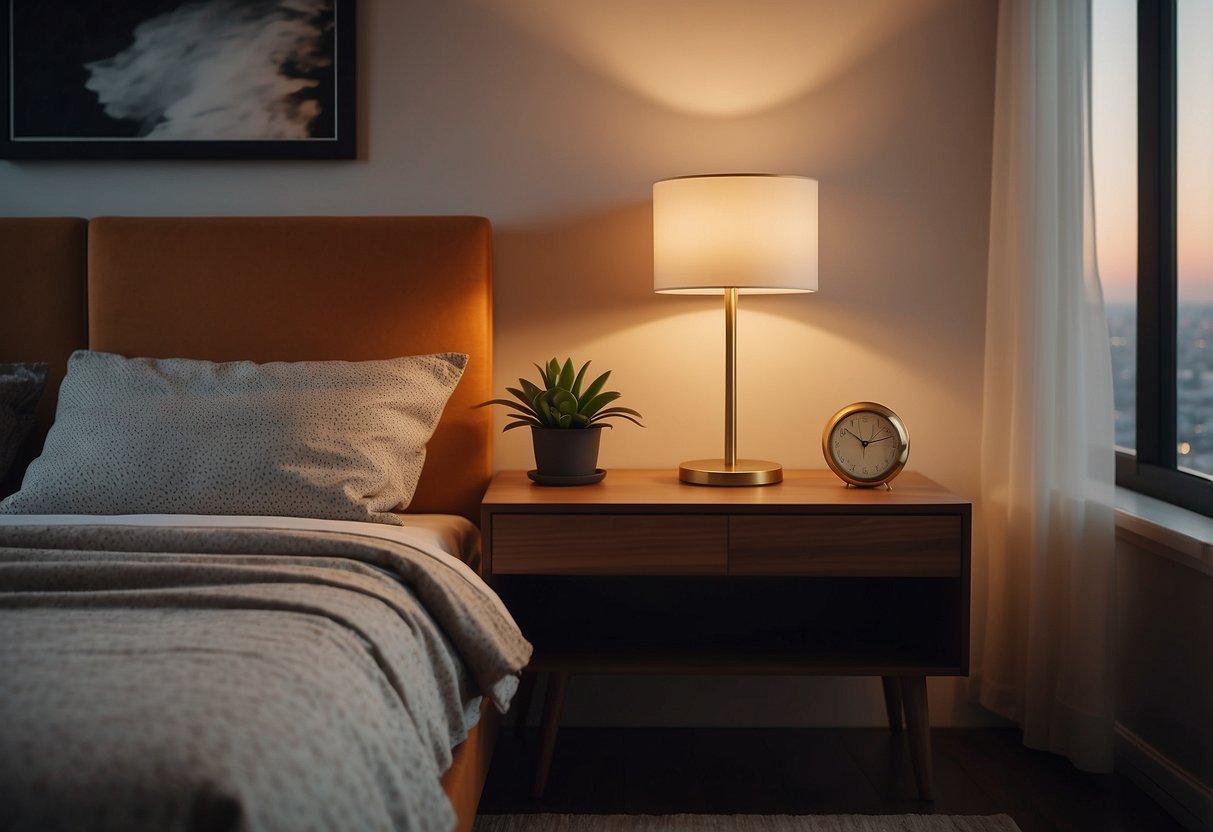 A cozy bedroom with a modern desk lamp casting a warm glow on a stylish nightstand, creating a relaxing ambiance for a chic apartment