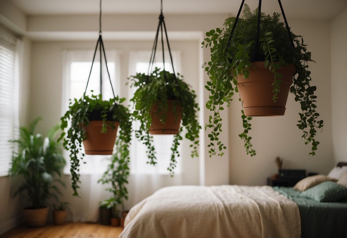 Several hanging planters with lush greenery suspended from the ceiling in a cozy apartment bedroom