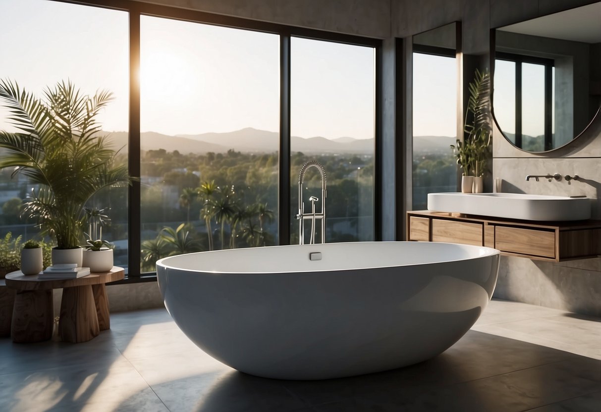 A modern apartment bathroom with a sleek freestanding bathtub, minimalist floating shelves, and a large mirror with integrated LED lighting