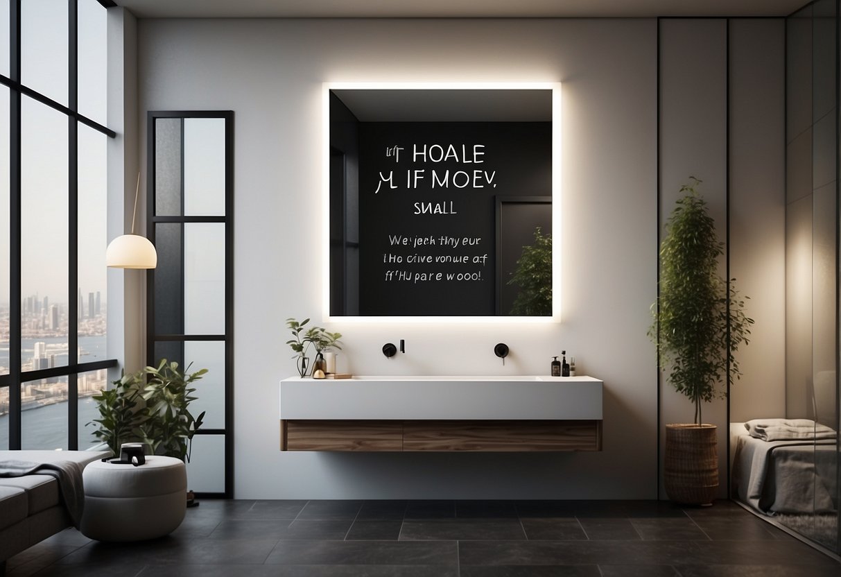 A small, modern bathroom with white walls and a sleek mirror, adorned with framed inspirational quotes in elegant typography