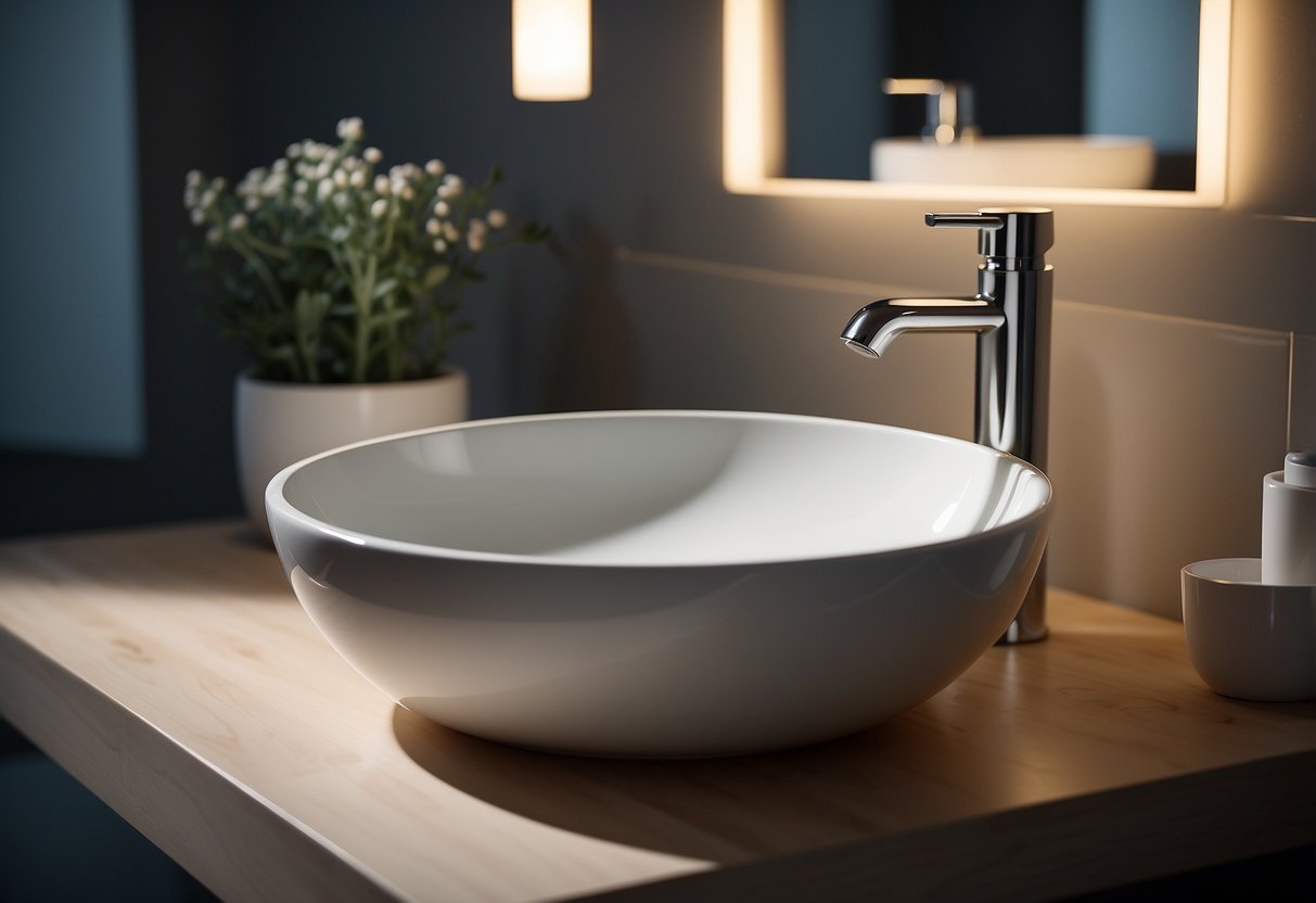 A modern bathroom sink with a white ceramic toothbrush holder, surrounded by minimalist decor and soft lighting