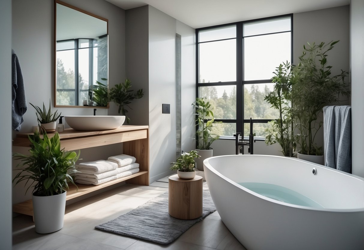 A modern apartment bathroom with a minimalist color scheme of white, grey, and blue. Accents of natural wood and green plants create a calming spa-like atmosphere