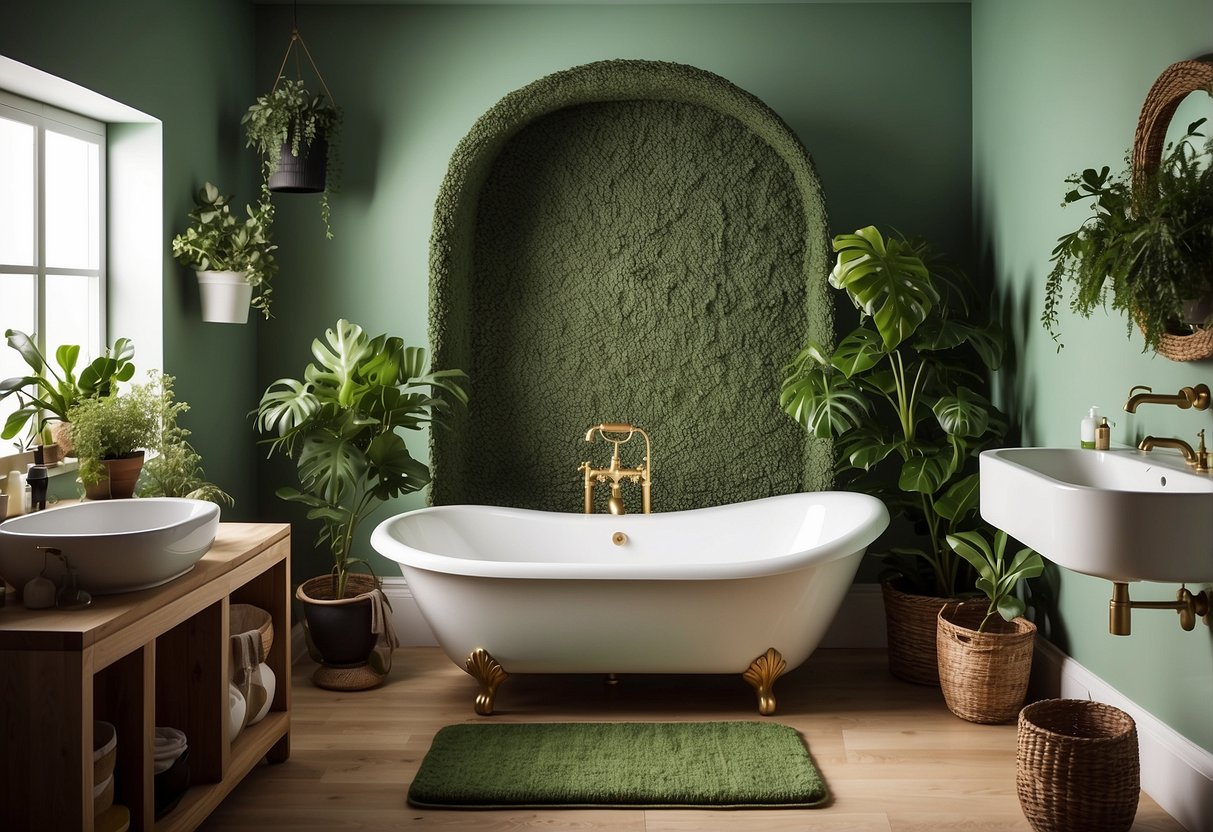 A small bathroom with hanging planters, leafy wallpaper, and potted plants on shelves. A green bath mat and towels complete the nature-inspired decor