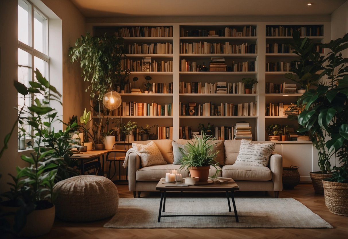 A cozy living room with plants, soft blankets, and warm lighting. A bookshelf filled with vintage books and artwork on the walls