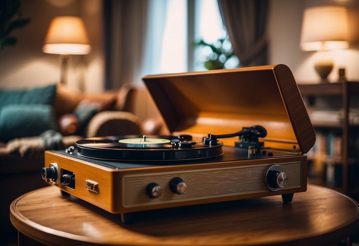 A cozy living room with a vintage-inspired record player as the focal point. Soft, warm lighting and retro decor create a nostalgic and inviting atmosphere