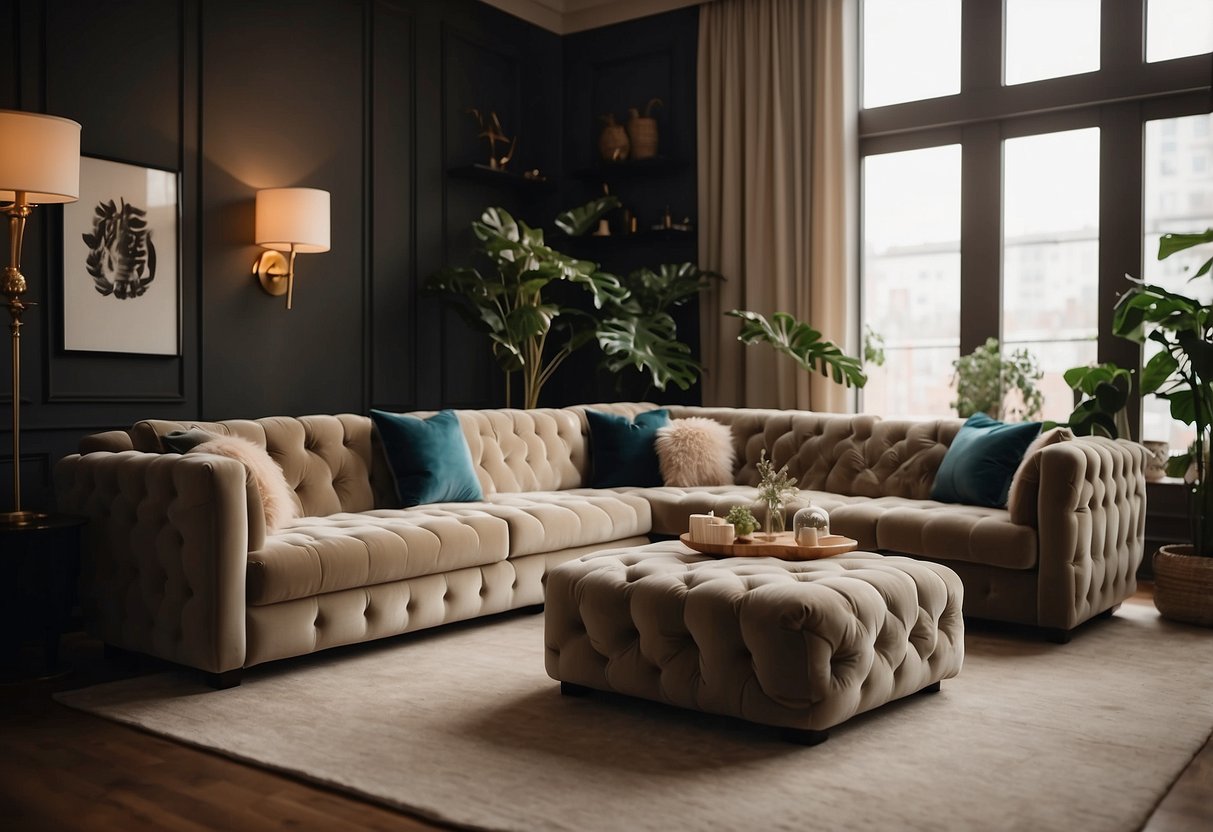 A plush velvet tufted sectional sofa sits in a cozy apartment living room, surrounded by elegant decor and soft lighting