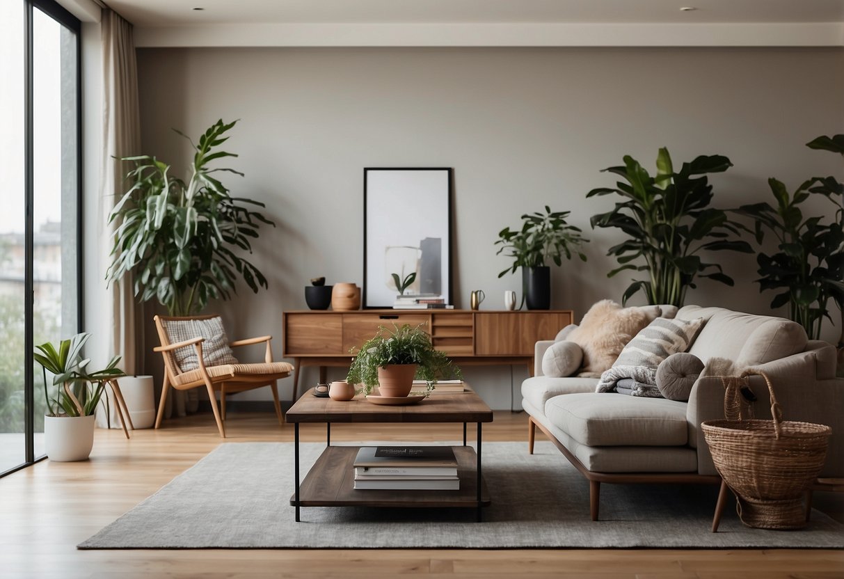 A cozy living room with a modern sofa, coffee table, and a statement armchair. A minimalist bookshelf and a large potted plant complete the stylish decor