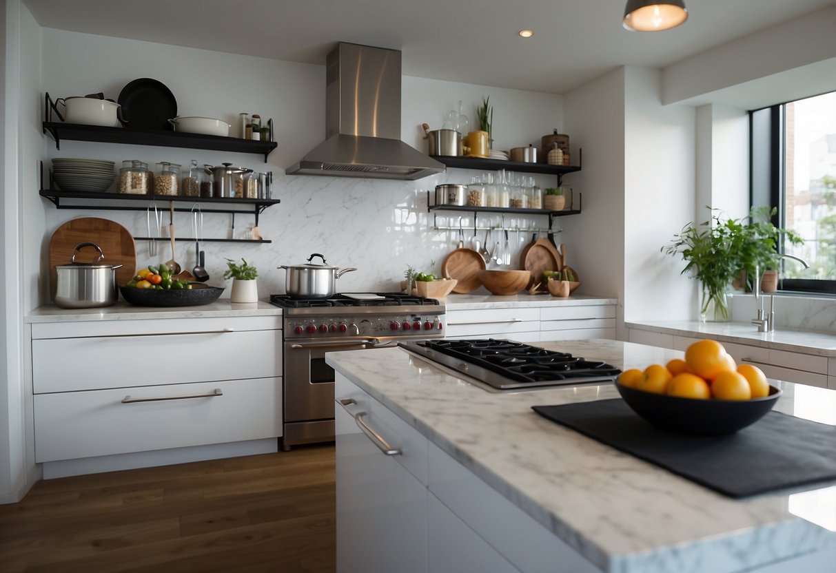 A modern apartment kitchen with sleek white cabinets, marble countertops, and stainless steel appliances. A hanging pot rack and open shelving display stylish cookware and dishes