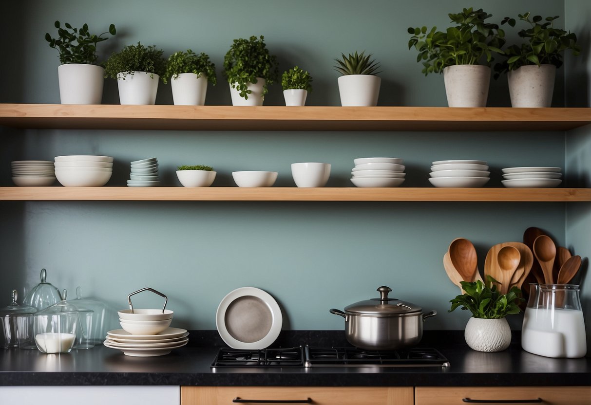 A modern kitchen with open shelving, displaying neatly organized dishes, glassware, and decorative items. The shelves are adorned with potted plants and stylish kitchen accessories, creating a minimalist and inviting atmosphere