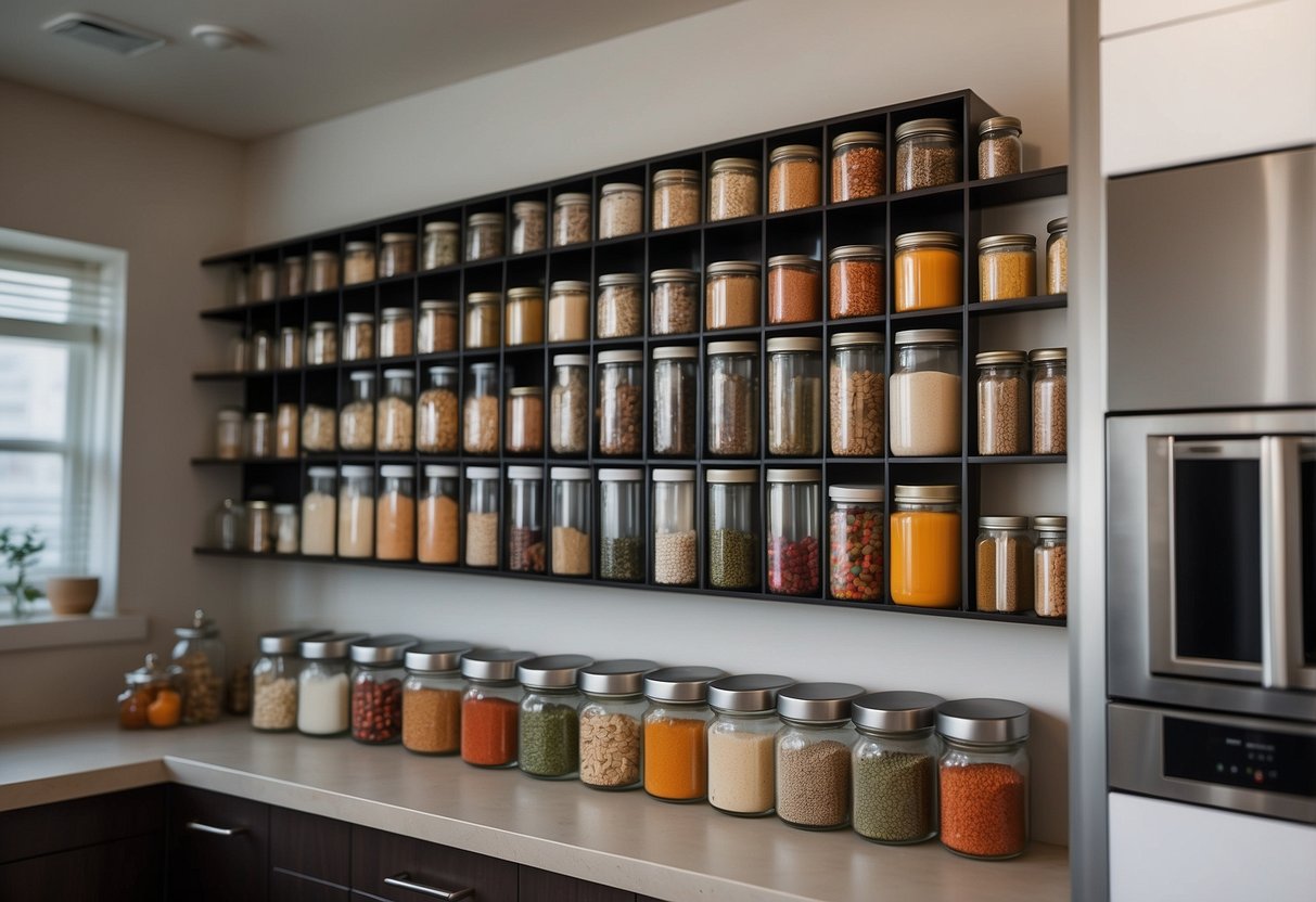 A modern apartment kitchen with a sleek vertical spice rack mounted on the wall, neatly organizing an array of colorful spice jars