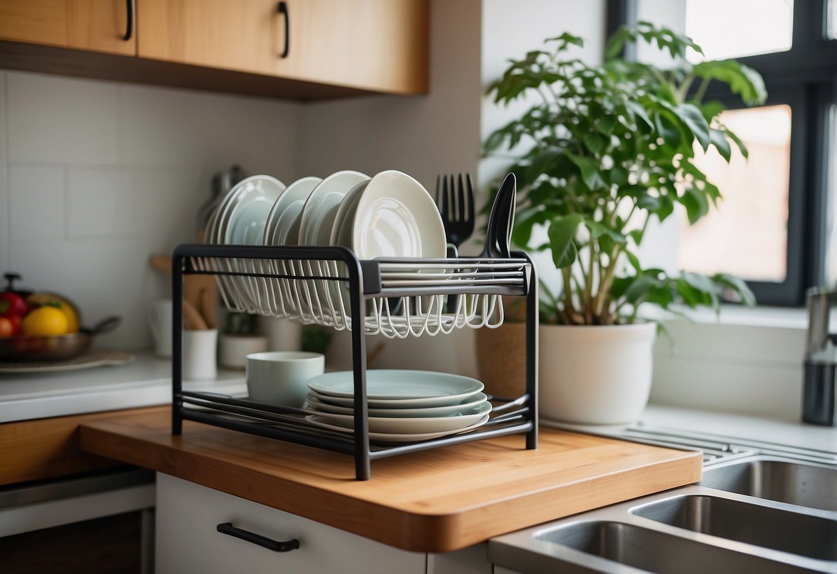 A sleek, modern dish drying rack sits on the counter next to a potted plant and a stack of colorful plates in a small apartment kitchen