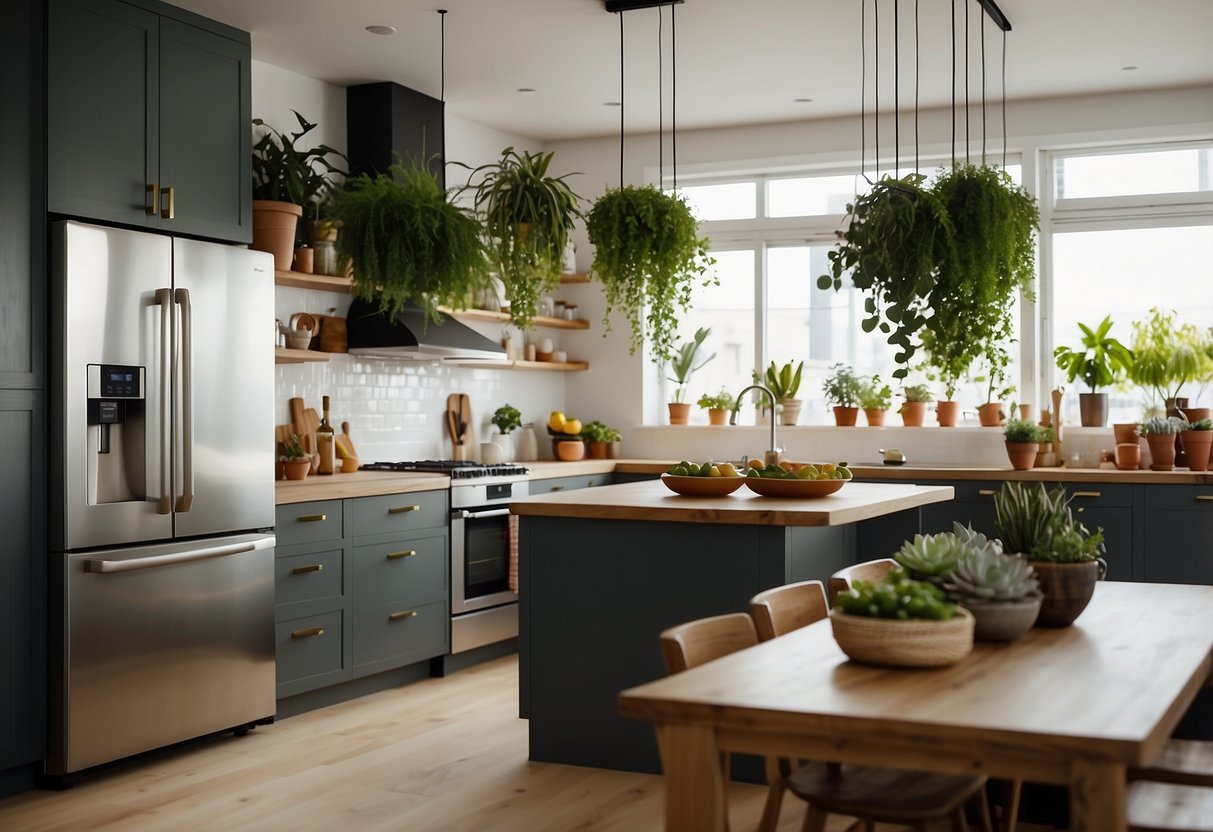 A modern kitchen with hanging plants, open shelving, and a small island for dining and food prep. Natural light floods the space, highlighting the sleek appliances and stylish decor