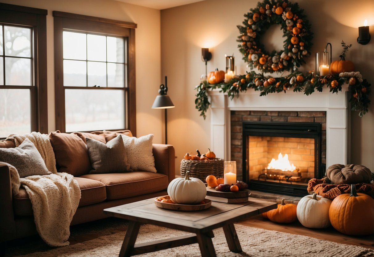 A cozy living room with a fireplace adorned with fall-themed garland, pumpkins, and rustic wood accents. A handmade wreath hangs on the door, while warm-colored throw pillows and blankets add to the inviting atmosphere