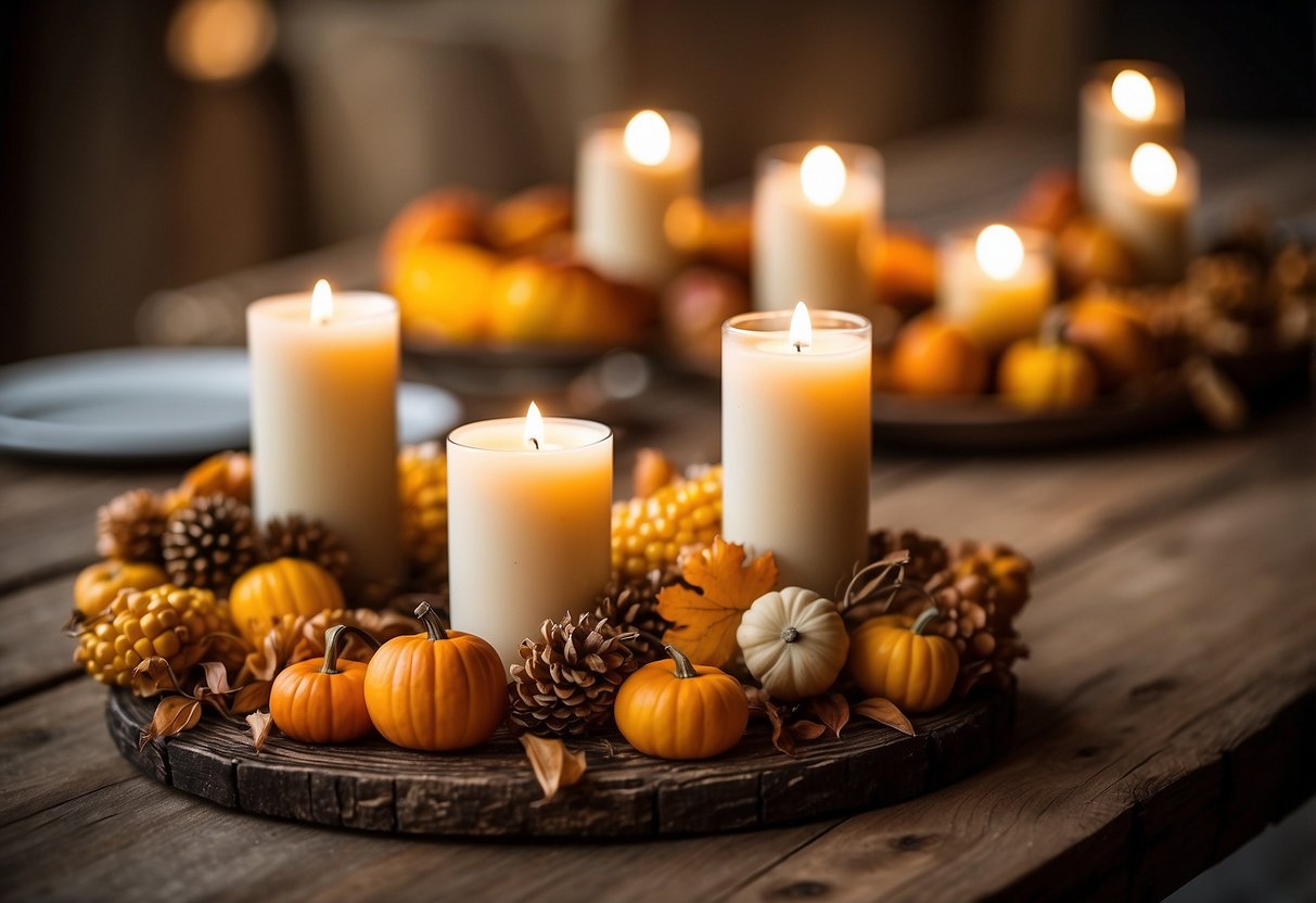 A rustic table adorned with corn husk candle holders, casting a warm glow in an autumn-themed home decor setting