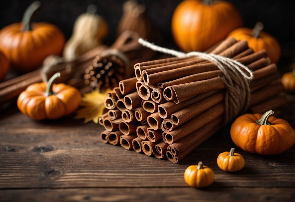 A bundle of cinnamon sticks tied with twine, surrounded by dried leaves and pumpkins, on a wooden table