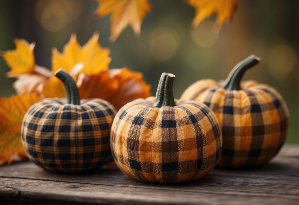 Three plaid fabric pumpkins arranged on a wooden table with autumn leaves and candles in the background