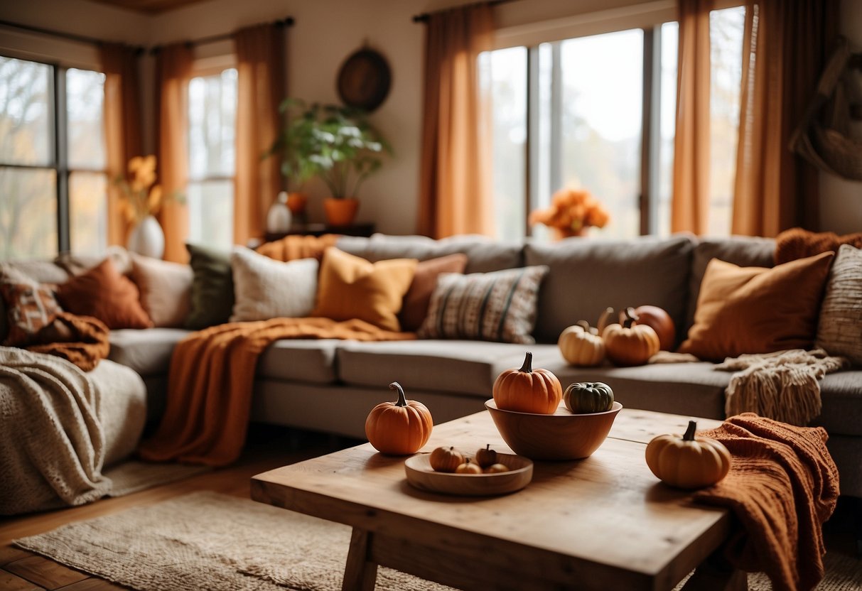 A cozy living room with warm, earthy tones. A rustic wooden table adorned with pumpkins, gourds, and fall foliage. Soft blankets and pillows in shades of orange, red, and brown