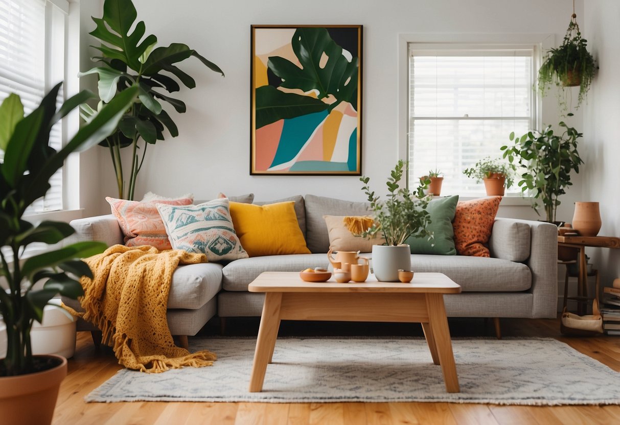 A bright, airy living room with colorful throw pillows, a cozy rug, and potted plants. A gallery wall with vibrant art and a statement mirror