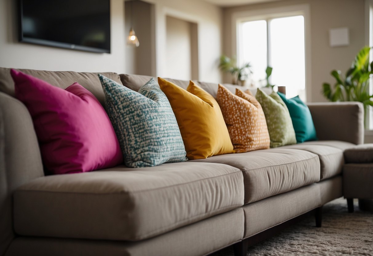 Vibrant throw pillows arranged on a neutral couch, adding pops of color to a dull living room