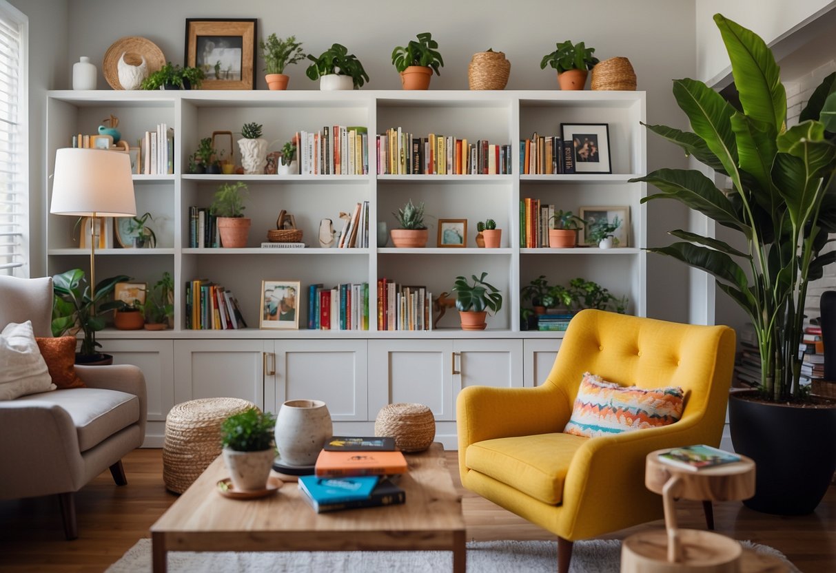 A cozy living room with vibrant wall art, colorful throw pillows, and potted plants. A bookshelf filled with art books and sculptures. Bright natural light streaming in through the windows