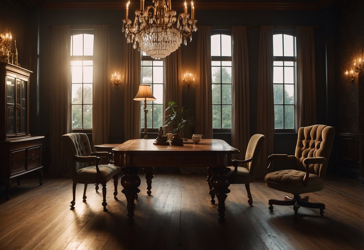 A dimly lit room with ornate antique furniture, including a grand wooden dining table, a velvet upholstered armchair, and a vintage writing desk