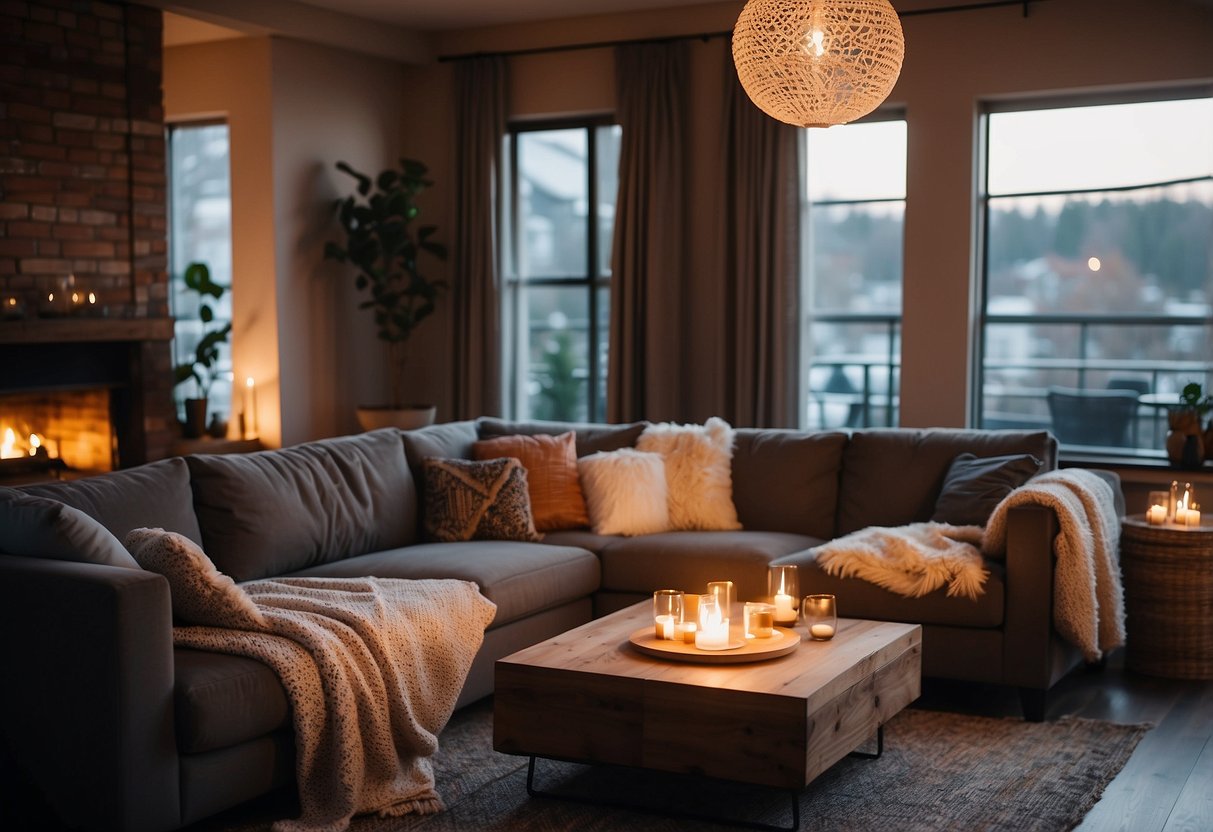 A cozy living room with soft blankets draped over a plush sofa, a warm fireplace, and soft lighting creating a welcoming and comfortable atmosphere