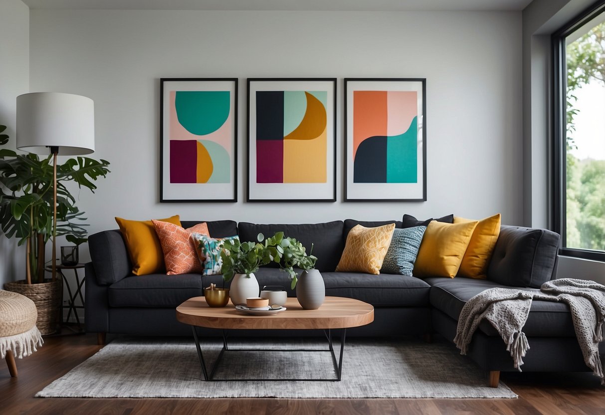 A living room with pale walls and dark furniture. Brightly colored throw pillows and artwork add pops of vibrant hues, creating a lively and inviting atmosphere